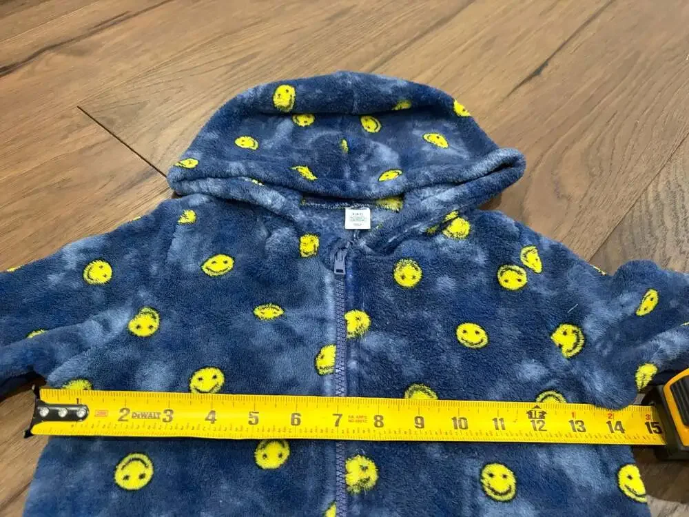 Old Navy Blue Yellow Smiley Face Fleece Hooded One Piece Pajamas Size S 6-7